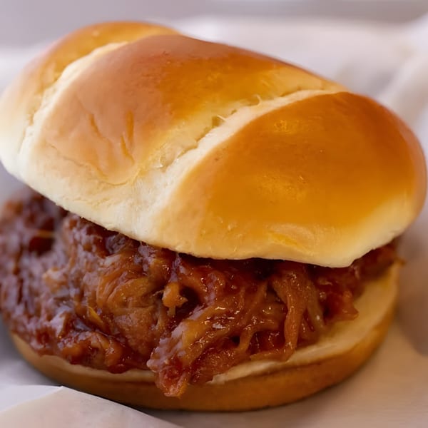 Close-up of a Doctor Dogs pulled pork sandwich on a brioche bun, with barbecue sauce.